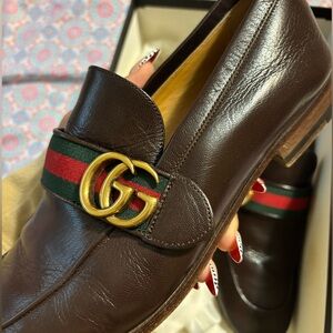 Gucci Dark Brown Leather Loafers with Gold Logo